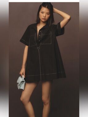 Anthropologie Maeve Short Sleeve V-Neck Swing Mini Dress - Black